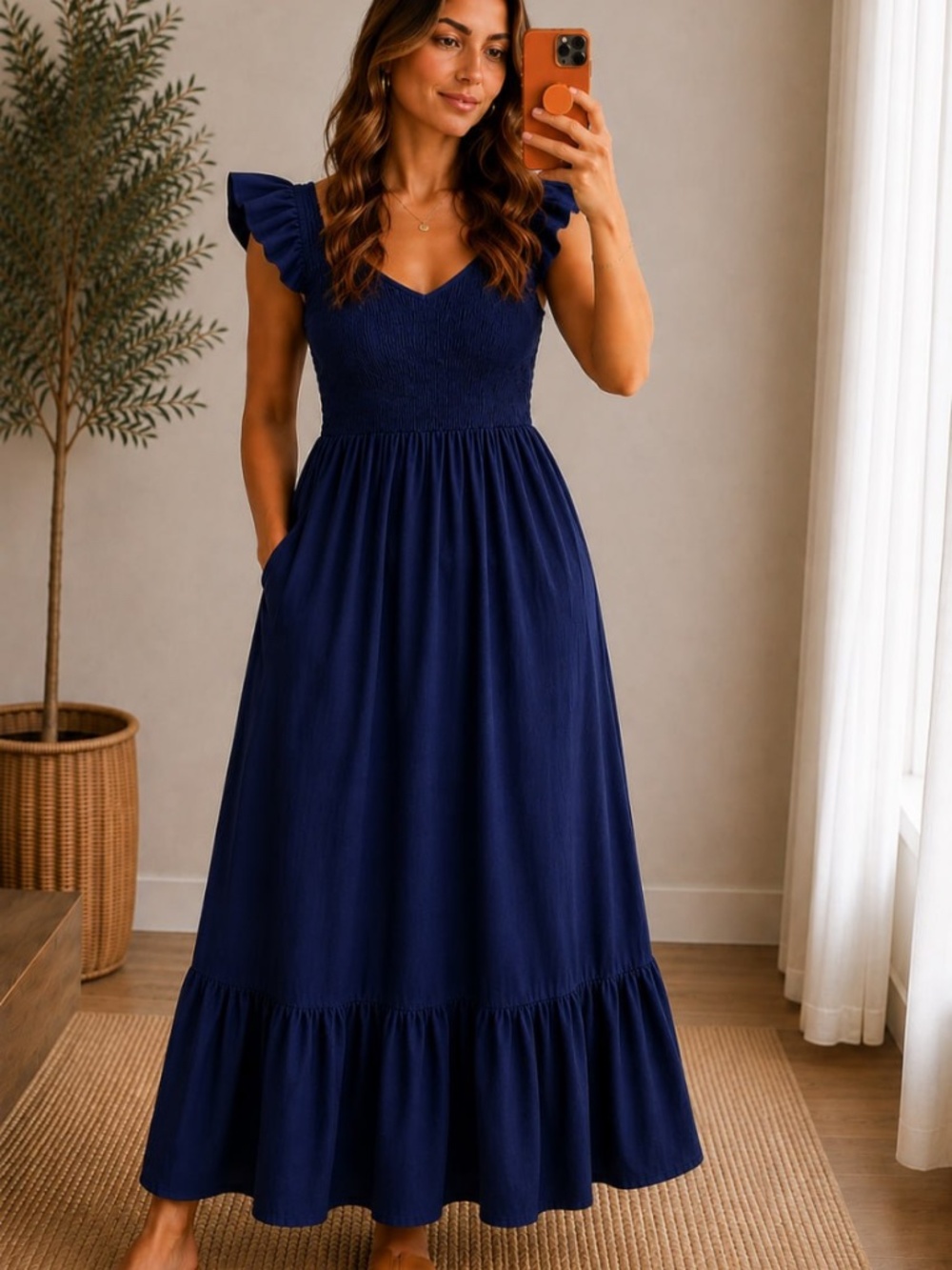 PrettyGarden Women’s Navy Blue Smocked Maxi Dress Ruffle Sleeves Size L